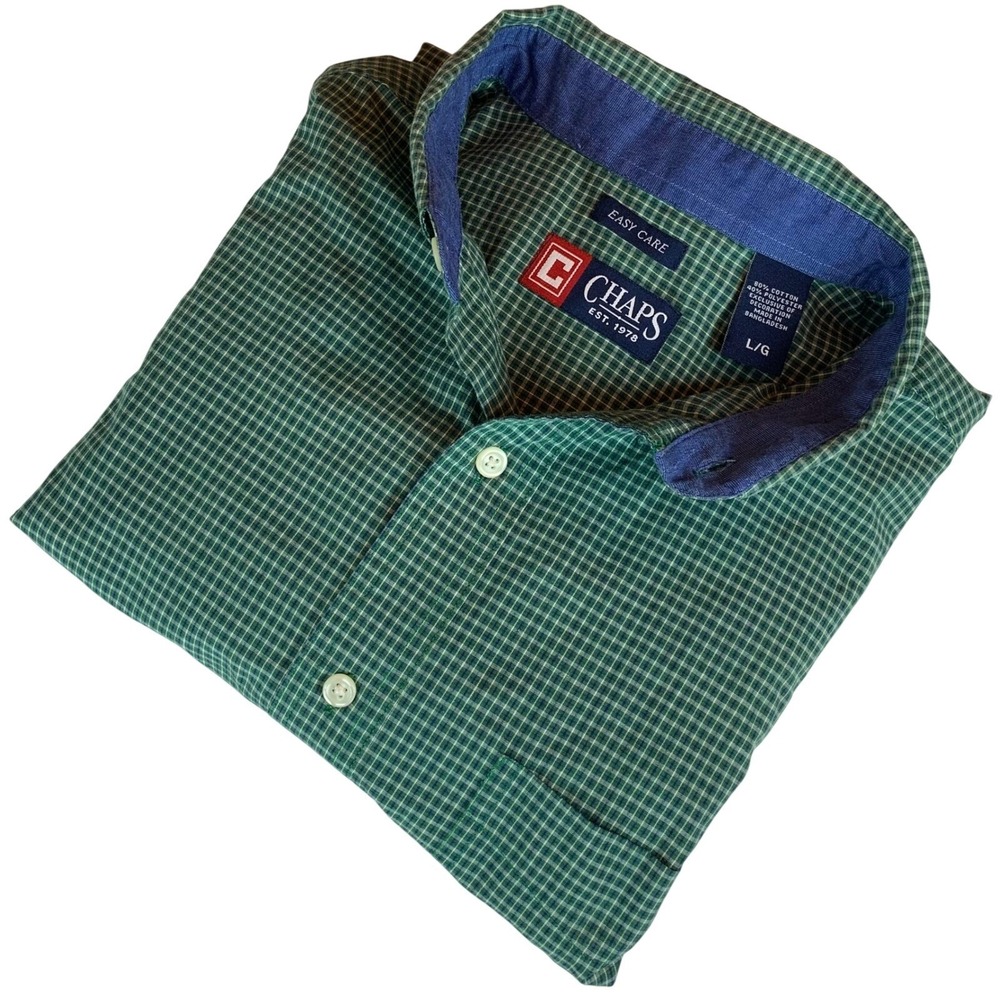 Chaps Mens Green Navy Blue Micro Check Easy Care Button Down Shirt Large L/G